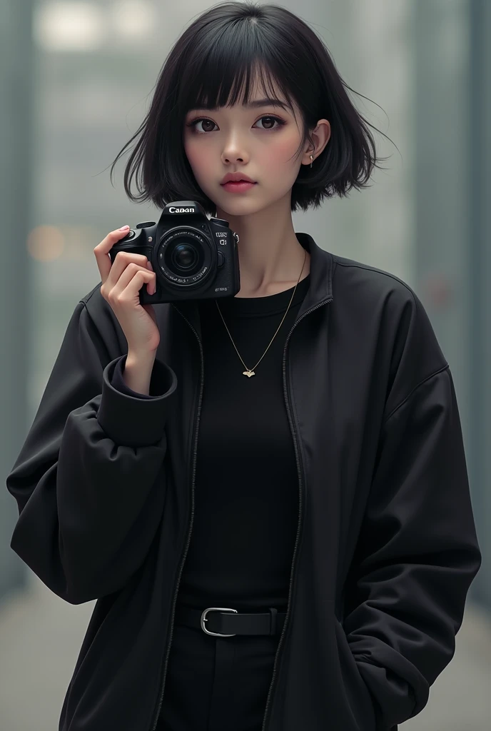 short black haired girl , with black clothes and Canon camera 