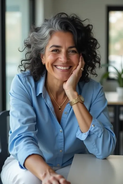 Generate an image of a 35-year-old white-haired Brazilian woman with black hair with curls,  wears gold accessories light makeup with well-designed cheekbones she is smiling wearing a blue shirt and white pants sitting at the office table with her hand on ...