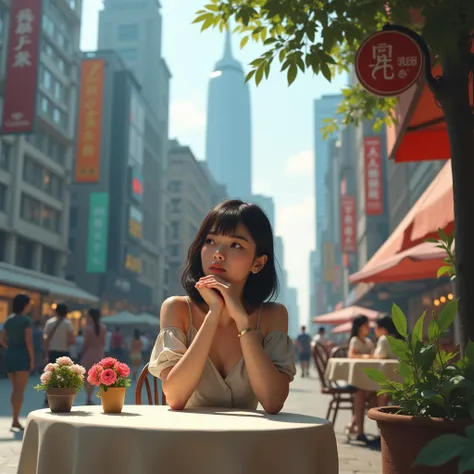 VERY REALISTIC PHOTOGRAPHIC IMAGE OF A YOUNG AND BEAUTIFUL WOMAN IS THINKING THOUGHTFULLY,  SITTING AT A TABLE OUTSIDE IN A CAFE IN A BIG, BUSTLING CITY