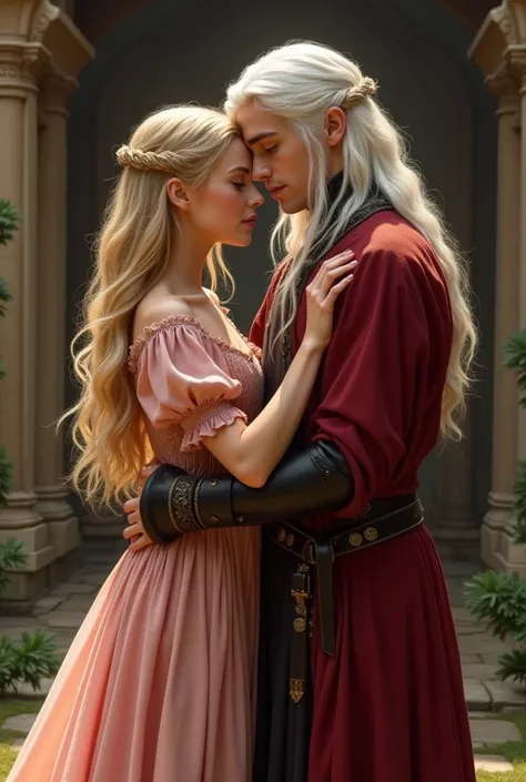 A golden blonde-haired princess in a pink dress from the medieval era hugging a  long white-haired targaryen young man in red and black clothes to show her womans face 