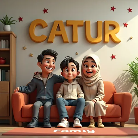 A men (wearing jacket) standing behind sofa, a woman (wearing hijab, casual fashion) sitting on a sofa, a cute boy (wearing jacket) stand aside a sofa, living room as background, stars decoration on the wall, a big text written "CATUR" as graffiti, small t...