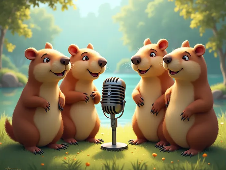 four capybaras talking with a microphone , in a 