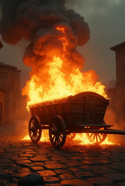 medieval cart on fire releasing lots of smoke and steam