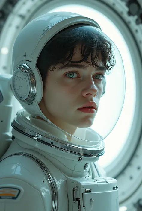  Teenage male ,  white skin , no beard,  bright green eyes ,  dark brown hair ,  perfect face , perfect soft lip features sculpted,  jaw and well-defined cheekbones divine beauty, Divine Aura . wearing an astronaut outfit inside a spaceship
