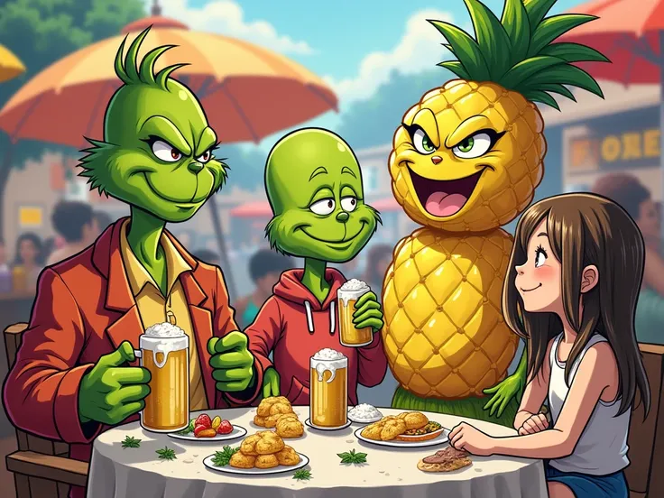 Create me a cartoon of Krillin  ,A pineapple too and the Grinch drinking beer and with two girls on the side