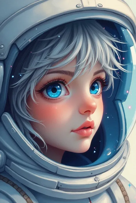 Primer plano de una obra maestra mejorada:1.5)0.9], (Space and astronauts:1.2) ( Messy silver hair:1.1) (heterochromia:  xanthochromia and blue eyes :1.2) (Space helmet:1.0) ( Colored stars in the eyes:1.0) (A radiant glow:1.1) ( Thick lips:0.9) desnuda