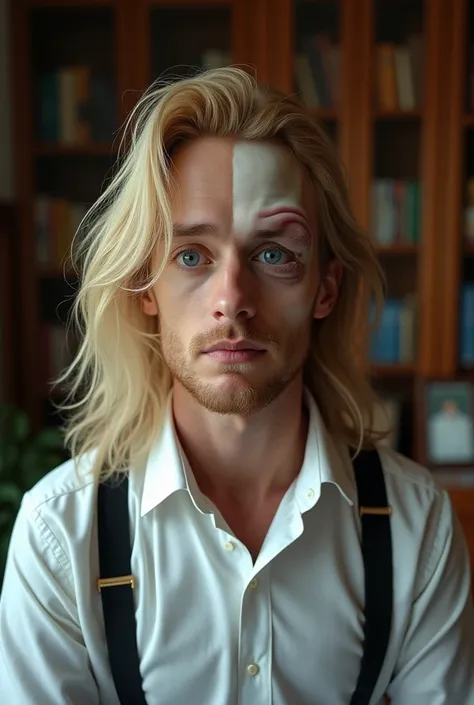 Man with long blond hair, blue eyes with a large deformation on the left side of the face ,  wearing white dress shirt and black suspenders in an office with wooden details at home. 