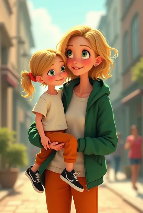 Disney Pixar-style poster, the  girl with soft golden blonde hair with low ponytails and a white t-shirt with short sleeves with loose orange pants and black sneakers being carried by her 23-year-old green-eyed mother with short golden blonde hair loose in...