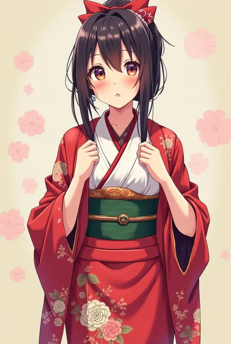 a woman in a kimono outfit is posing for the camera, an anime drawing inspired by Nishikawa Sukenobu, pixiv, shin hanga, tsunade from naruto, oppai, thicc, in a kimono, in kimono, (sfw) safe for work, revealing clothes, open v chest clothes, breasts covere...