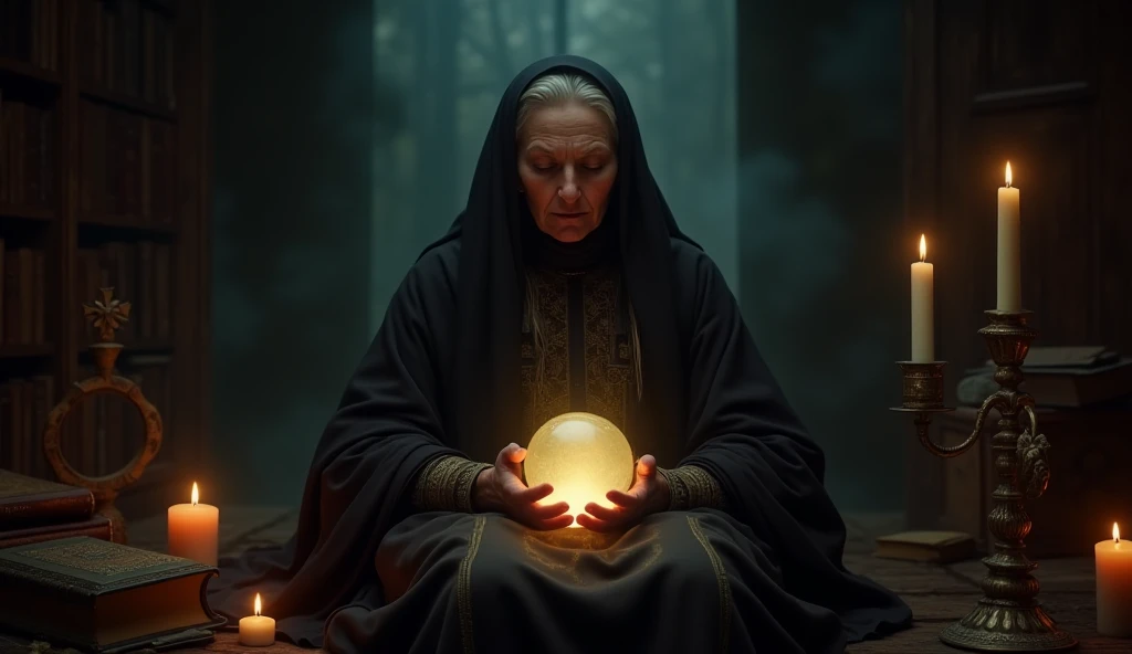 Description: An artistic representation of Baba Vanga in a mystical and serene environment. She sits in a dimly lit room surrounded by spiritual symbols like candles, ancient books, and a crystal ball, gazing thoughtfully as if foreseeing the future. The a...