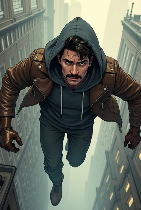  MODERN COMIC ILLUSTRATION high graphics ,  Young man with a marked MUSTACHE and beard on his chin , dark gray hooded sweatshirt ,  leather jacket and leather gloves , distant view ,  running across the terrace of a 1920s London building to jump into the v...