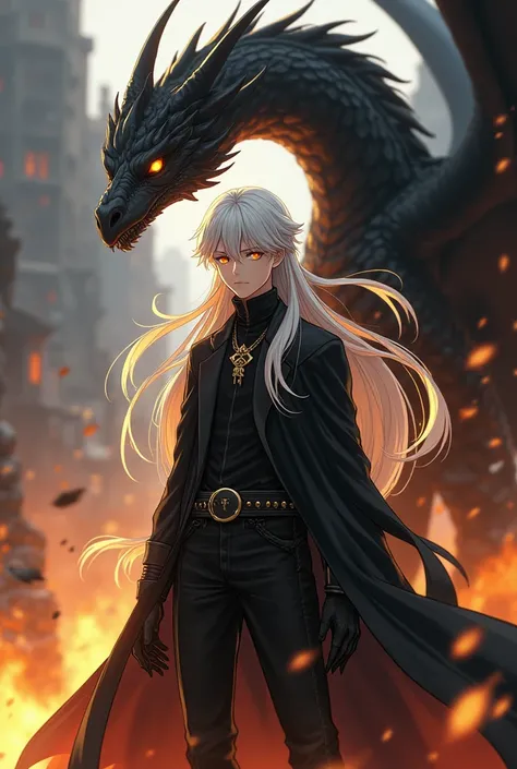 An anime with a long white haired teenage boy with golden eyes and golden Aura covering himdressed up in all black clothes and a long black coat with a large 
black dragon with feathers standing behind him with fire and broken building in the back ground 