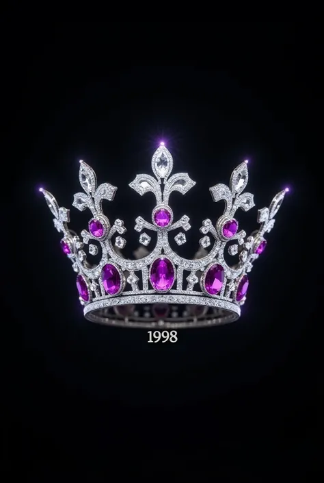 Queens silver crown with white diamonds and purple rubies on a black background with the numbers 1998 below 