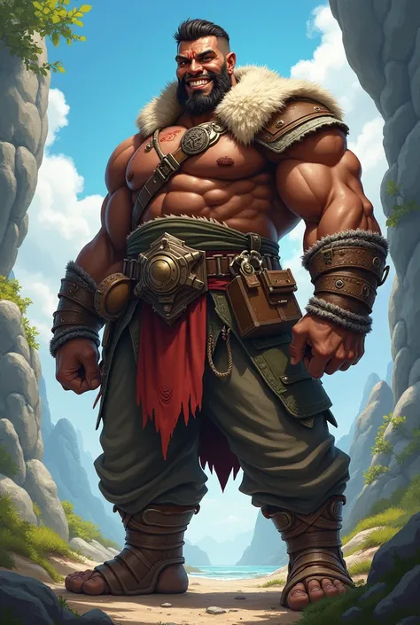  2-meter man with 3 scars on his face, muscular,  adventurer costume , smile, dark brown hair dark complexion , fantasy style