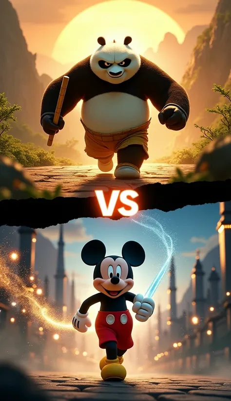 Create a dramatic two-image composition showcasing a confrontation between Po (Kung Fu Panda) and Mickey Mouse (Disney), each confidently approaching the camera with their unique charisma and power.

Top Image (Po - Kung Fu Panda):
Po strides directly towa...