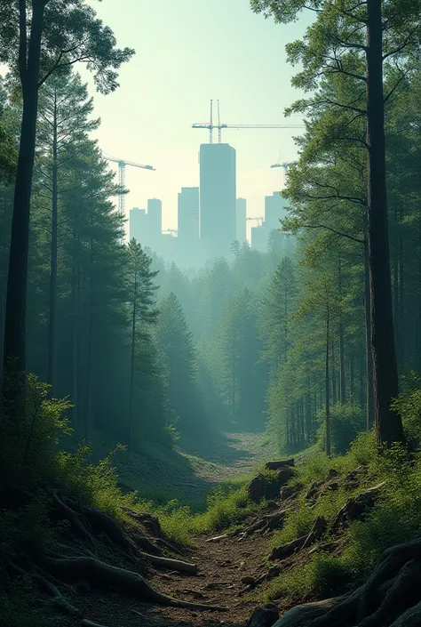 Create a forest that is affected by deforestation and urban development 