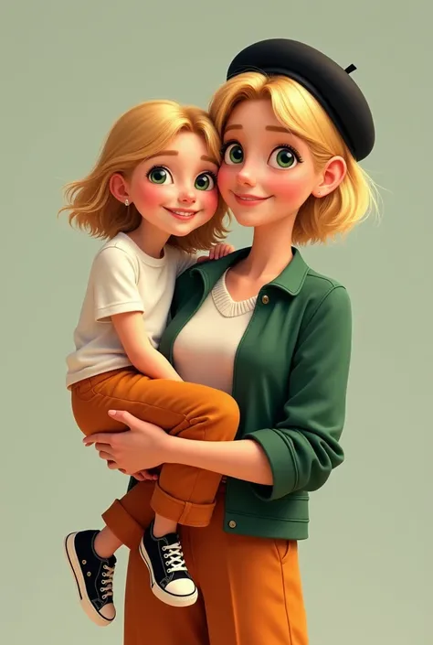 Disney Pixar-style poster, the  girl with golden blonde hair, soft loose and wearing a white t-shirt with short sleeves, loose orange pants and black sneakers being carried by her 23-year-old green-eyed mother with short golden blonde hair with a black ber...