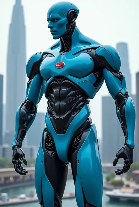   realistic photo ,  futuristic android made by Bugatti Motors,  sky blue painting with black  ,  Bugatti emblem on the chest , Act of Triumph ,  futuristic city  ,  very muscular male structure ,