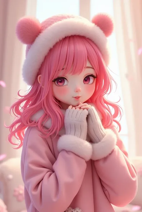 Female gender pink hair with a cute face hat, pastel pink clothing, hand warmers and waist warmers 
