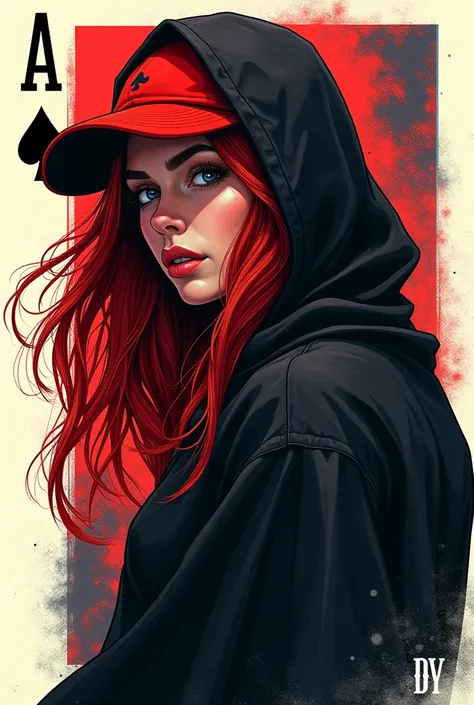  ILLUSTRATION of high graphic comic STYLE, HOODED WOMAN WEARING A RED CAP  , red hair, BY SHOWING A POKER CARD YOU HAVE DIFFERENT PERSPECTIVES