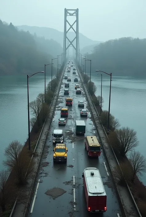  Rupture of a 500 meter bridge,  broken bridge in the central span ,  destruction , fear,  disastrous scenario,  cars and trucks on the bridge ,  cars and trucks on the water , firefighters searching .