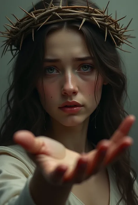 Jesus crying, tears streaming from her eyes, wearing a crown of thorns and pointing at the camera