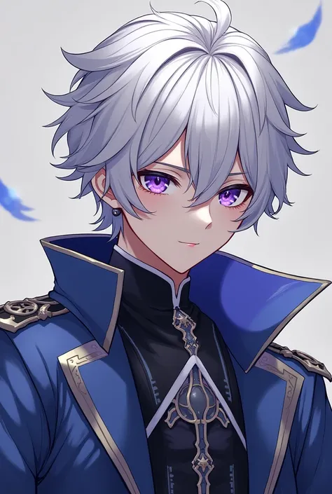 Create an image of an adult boy who would have white hair with a small black lock,  purple or blue eyes ,  an emperor outfit like those Manhwas ,o estilo do cabelo alike com o do aether ou Vanitas (alike, not equal) and a height of 1.80 ( if it were my hei...