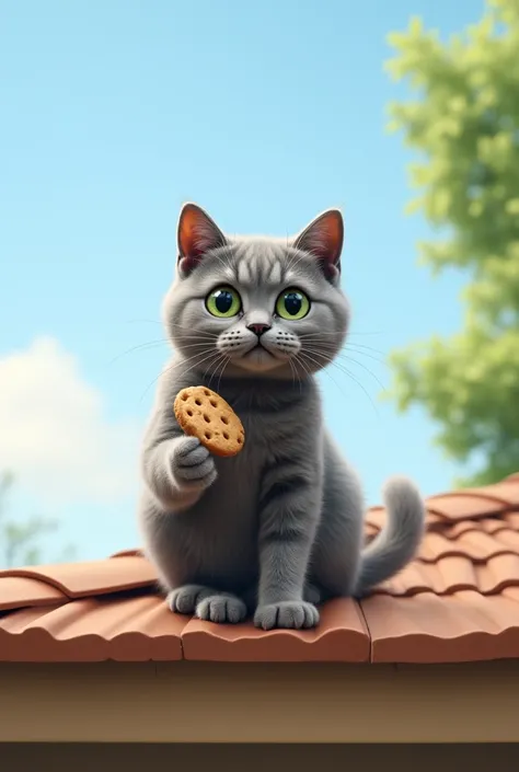 A mischievous gray cat ,  with short fur and bright green eyes ,  sits on a light brown wooden roof .  He holds a small cookie in his front leg ,  with a provocative expression and looking straight at the dog in the yard.  The sky in the background is clea...