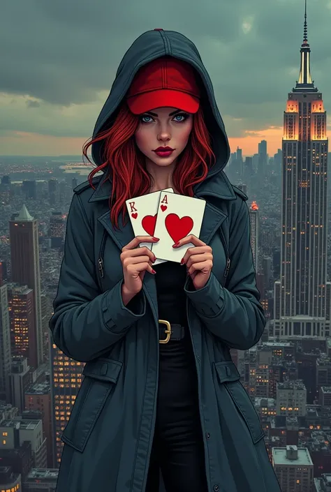  ILLUSTRATION of high graphic comic STYLE, HOODED WOMAN IN DARK GRAY COAT AND WITH RED CAP  , red hair,  ON THE ROOF OF A NEW YORK BUILDING SHOWING POKER CARD HAS HEARTS HELD WITH HER FINGERS, different perspectives