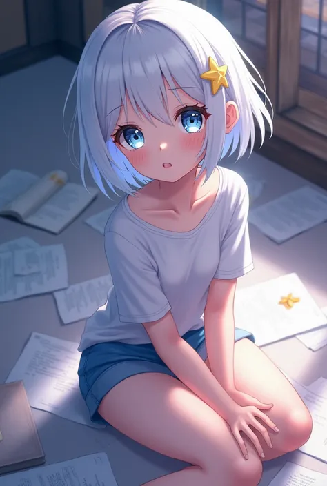 A young anime-type girl with short white lenses .  Age 16 wearing shorts short short shirt is sitting on her notes looking up with light in her eyes 