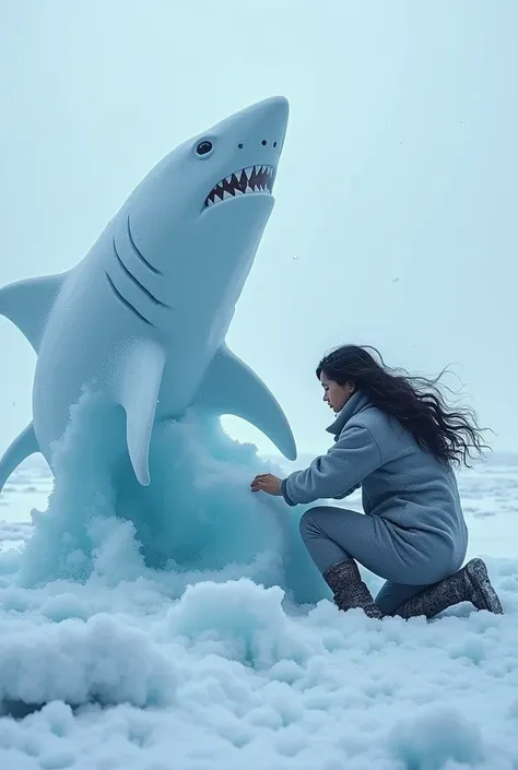  with black hair sculpts a shark in the ice