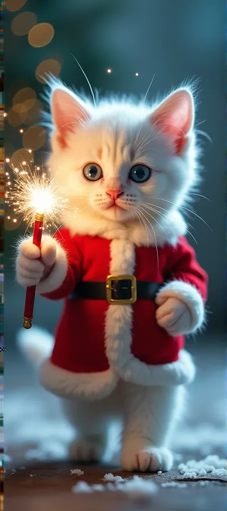   cute white kitten emitting light from a wand  、 walking upright on two legs  、  Round Eyes 、   blue clear eyes on the right  、 clear green eyes on the left  、  Santa Claus Outfit 、 Illuminated backgrounds 、