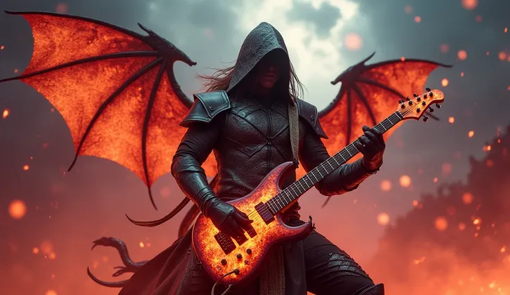  A heavy metal guitarist with shimmering armor inspired by dragon scales,  wielding a flaming electric guitar shaped like dragon wings .  The stage is shrouded in smoke and red lights ,  with dragons flying in the background under a stormy sky , as rays il...