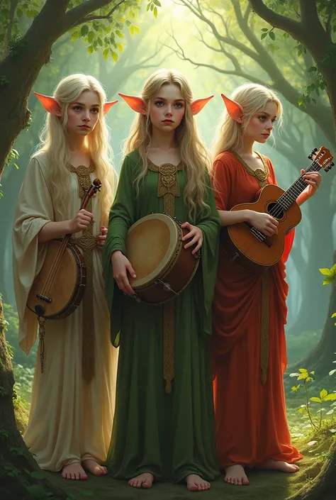 Create three elves one next to the other ,  one of them holds a drum representing anger ,  another with a violin representing melancholy and the other with a ukulele representing euphoria