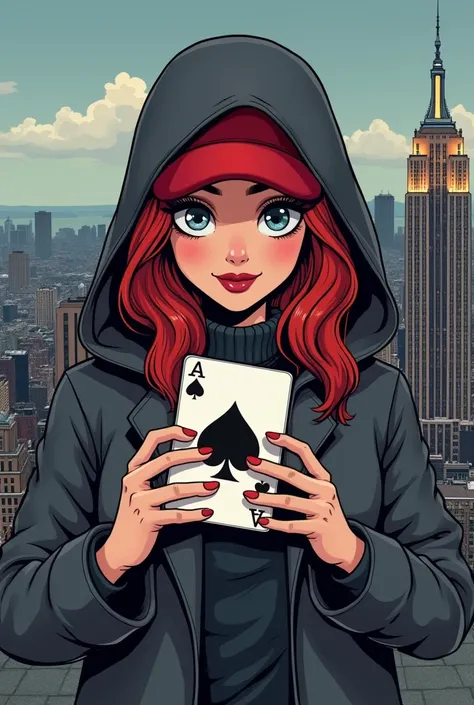 COMIC STYLE ILLUSTRATION, HOODED WOMAN IN DARK GRAY COAT AND WITH RED CAP  , red hair, SMILING ON THE ROOF OF A NEW YORK BUILDING SHOWING POKER CARD YOU HAVE HEARTS HOLDING YOUR FINGERS, different perspectives