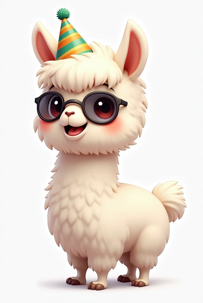 I want 12 Peruvian llama (animal)  cute white fur in different fun poses ( dark lenses. listening to music, birthday hat , soccer ball,  swimsuit, inflatable, roller skates, etc)  for individual stickers .  Make sure you put 4 legs on each .  Animated styl...