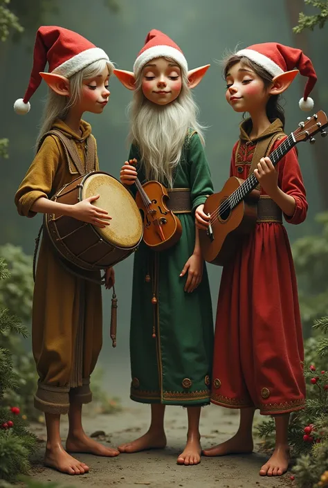 Create three elves one next to the other , one of them holds a drum representing anger make it big and muscular ,  another with a violin representing the leanest melancholy and the other with a ukulele representing the most joyful euphoria