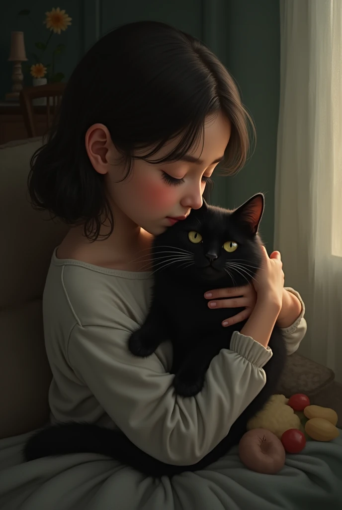 Girl holding black cat
