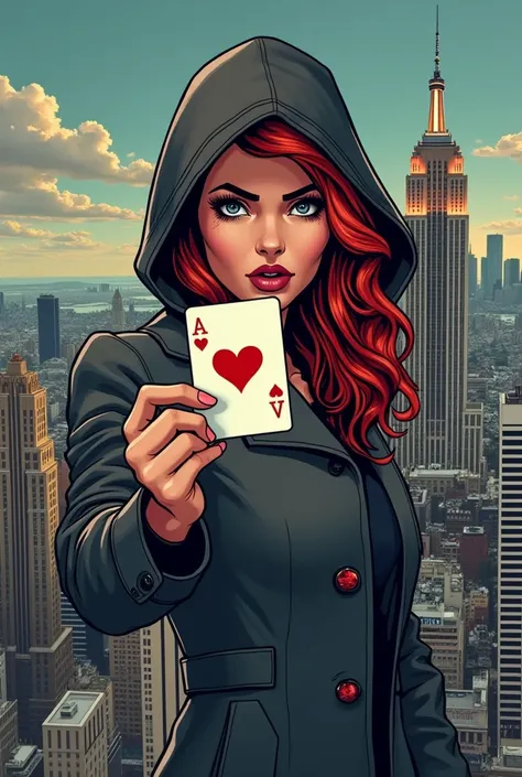 COMIC STYLE ILLUSTRATION, HOODED WOMAN IN DARK GRAY COAT AND WITH RED CAP  , red hair,  mischievous smile, ON THE ROOF OF A NEW YORK BUILDING SHOWING AN ACE OF HEARTS POKER CARD HELD WITH THEIR FINGERS, different perspectives