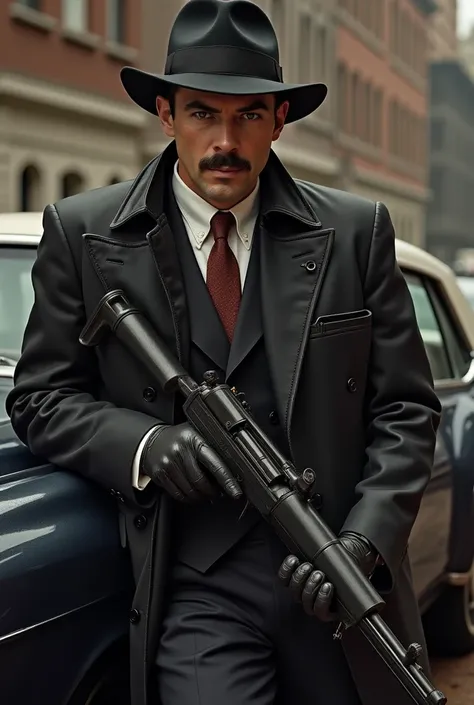  Mafioso dressed in a suit with a leather overcoat and gloves and a dark Fedoro hat.  This mobster is leaning against a Cadillac V-16 holding a Thompson machine gun .
 Face features :  thin eyebrows, mustache and brown eyes .
