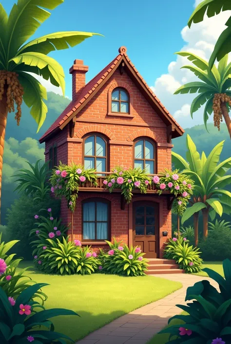 A brick house on a nice trim grass yard with banana trees and a bush of sugar can. The house has flowers on front and a small balcony 