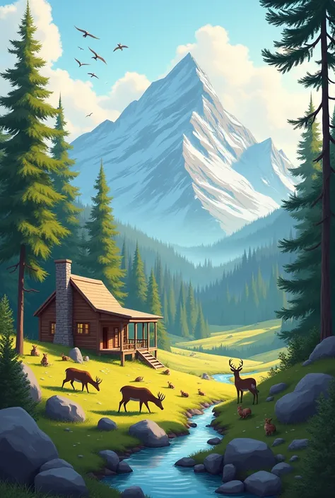 Create a landscape with a mountain at the end, several animals and a cabin.