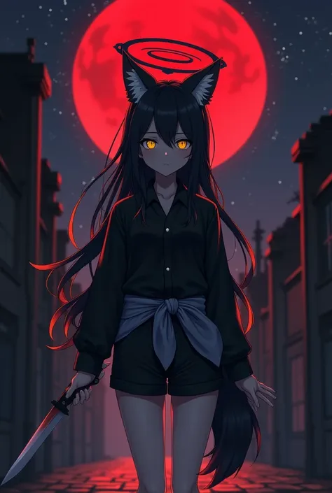  Create a female anime character , with 1,65 tall,  with long black hair with some yellow highlights , bright yellow eye color ,  she will have wolf ears and a wolfs tail the same color as her hair .  She will be wearing a black blouse with a long sleeve ,...