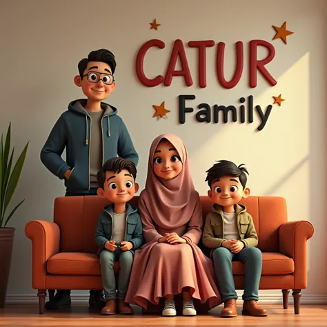 A men smile (wearing jacket) standing behind sofa, a woman smile (wearing hijab,long ruffles skirt dress fashion) sitting on a sofa, two handsome boy (wearing jacket) , living room as background, stars decoration on the wall, a big text written "CATUR Fami...