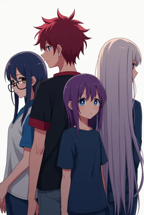 Four people on their backs.um de  black eyes ,  with dark red hair, wearing a black and red shirt ,  black eyes . Another teenager on the left side,  long straight blue hair close to the shoulder , White shirt with blue,  Blue Eyes. Another teenager on the...