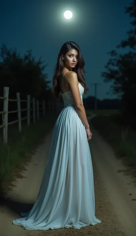 A beautiful woman standing alone on a dirt road at night in a rural area. She is wearing a flowing white dress that shimmers faintly under the moonlight. Her features are striking, with long hair and a confident yet mysterious expression. The background sh...