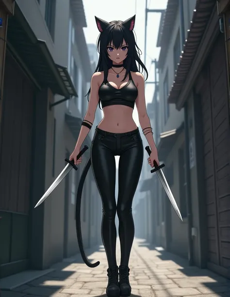 Anime style. A woman stands in an alley. The woman has black hair. Black Leather Crop Top. Skinny leather pants. There are cat ears on her head. The woman has a cat tail. In her hands are short daggers. The woman is wearing boots.