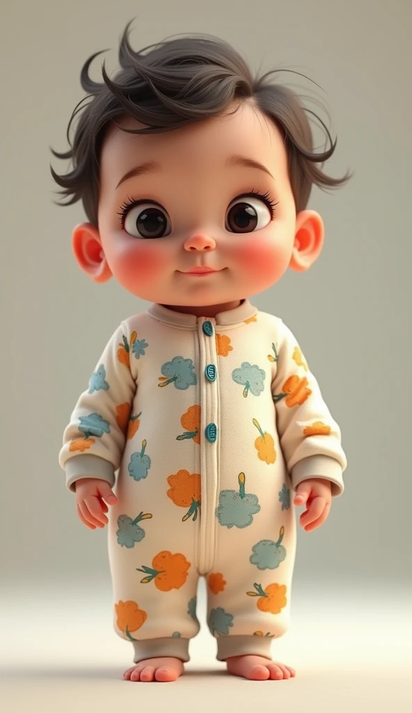 a realistic baby,  standing looking forward in colorful pajamas 