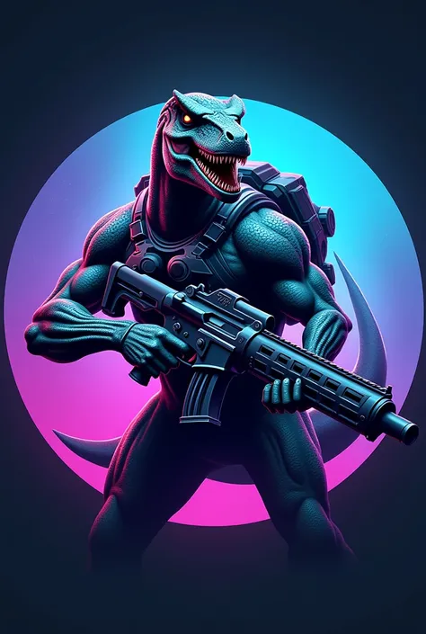 round, blue purple,

gaming logo
Dinosaur with backpack and two machine guns
Name is GTP,
