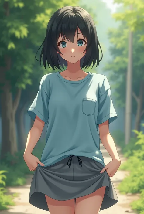 ((real life)) a white-skinned teenage girl with light blue eyes and black hair wearing a gray skirt and a light blue t-shirt with a pocket lifting her gray skirt showing her underwear